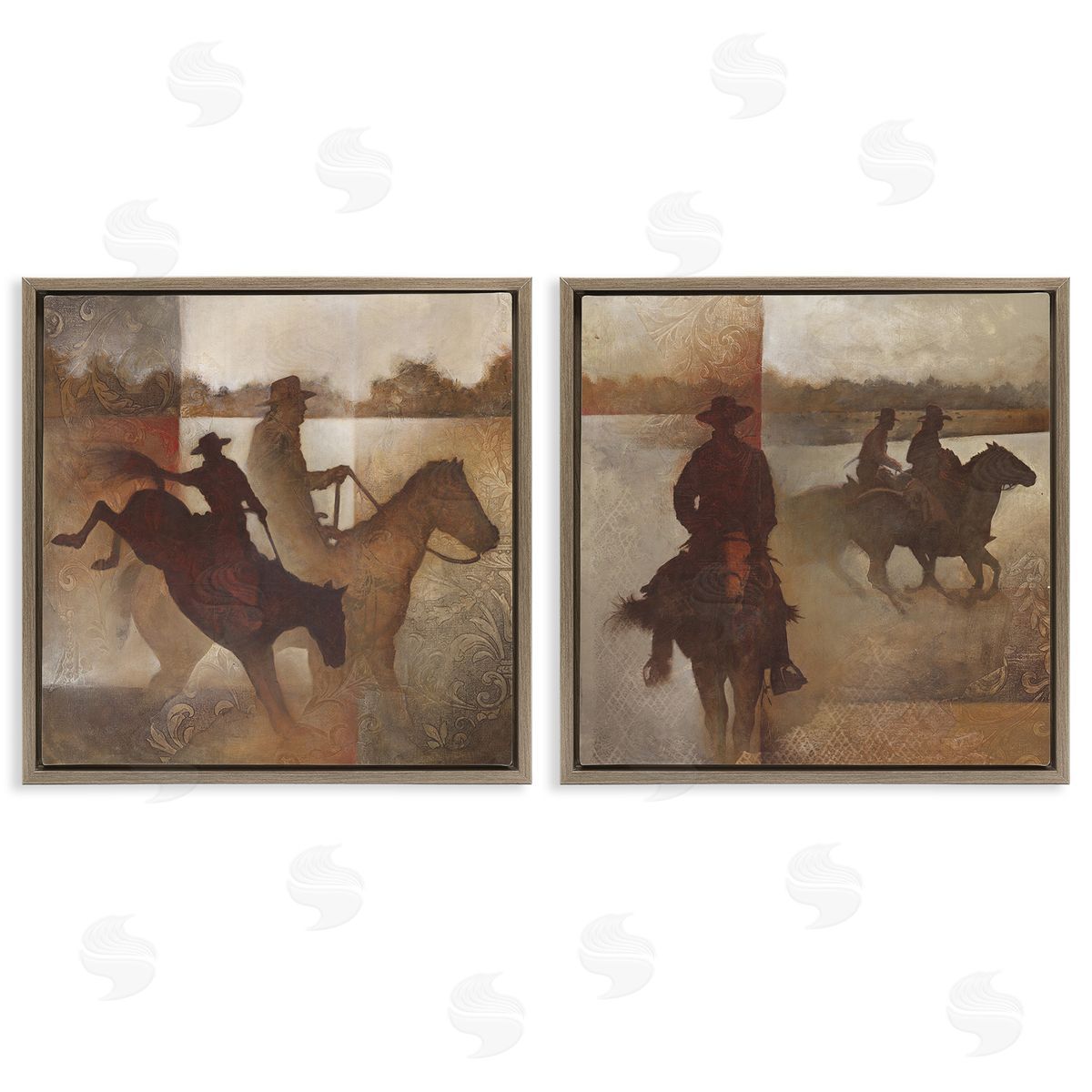 White Ladder Rodeo Cowboy Silhouette Brown Floating Frame Canvas Wall Art Print