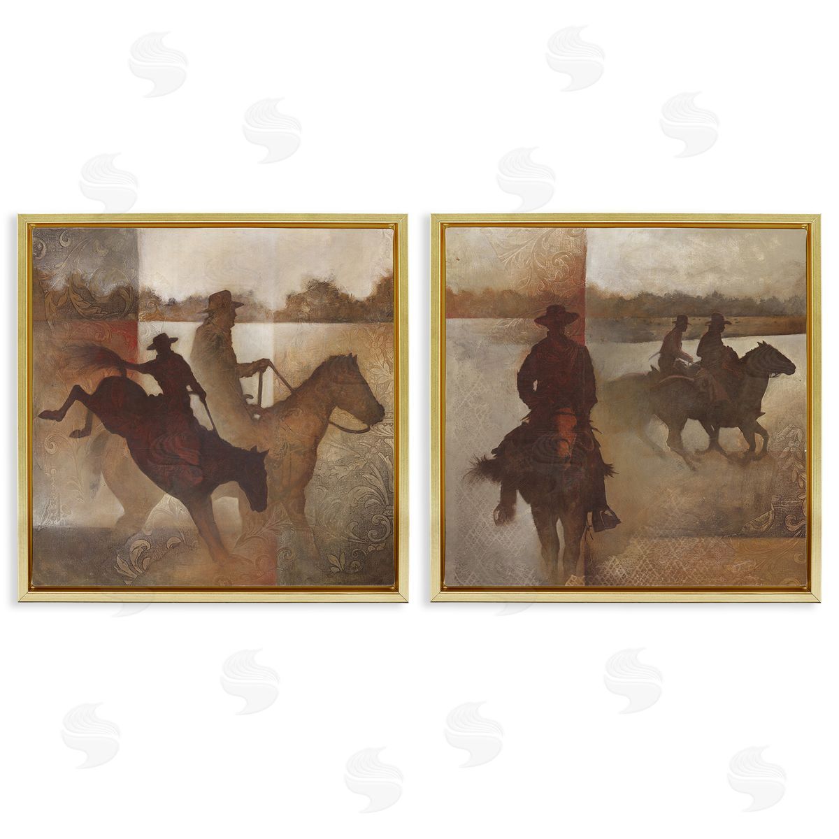 White Ladder Rodeo Cowboy Silhouette Gold Floating Frame Canvas Wall Art Print
