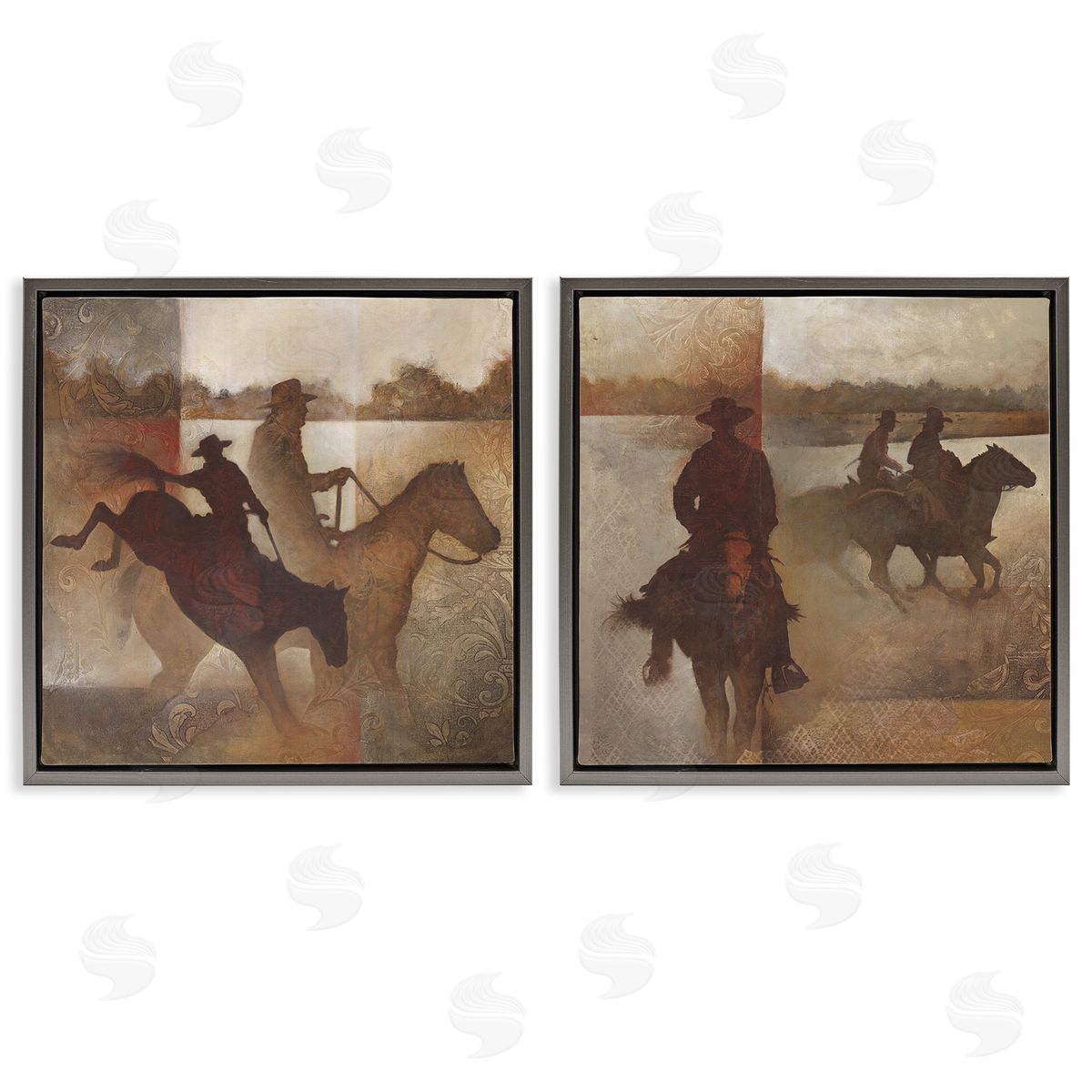 White Ladder Rodeo Cowboy Silhouette Gray Floating Frame Canvas Wall Art Print