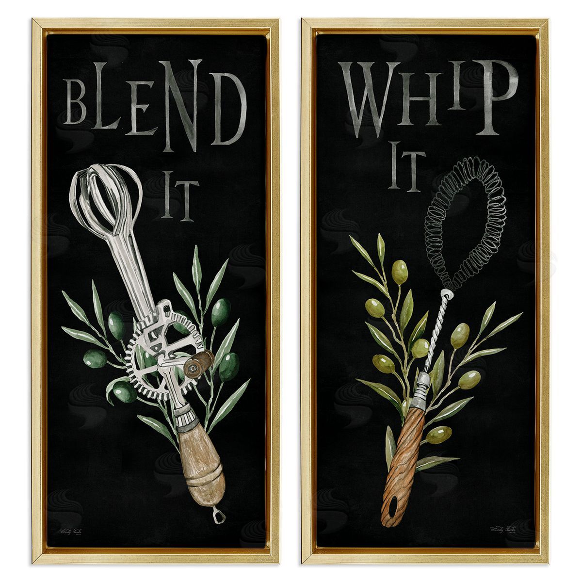 Cindy Jacobs Vintage Utensil Phrases Gold Floating Frame Canvas Wall Art Print