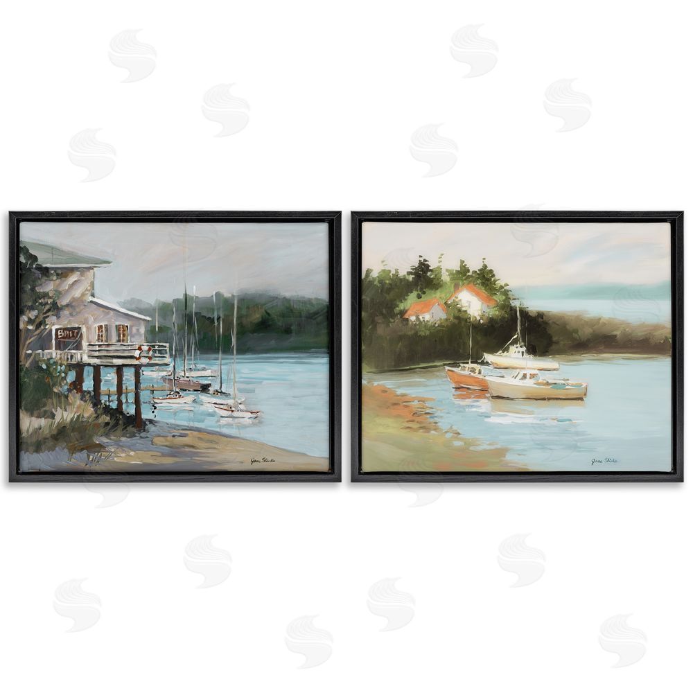 Jane Slivka Boat Lakeshore Landscape Black Floating Frame Canvas Wall Art Print