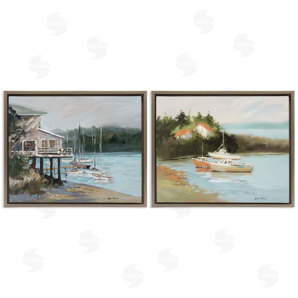 Jane Slivka Boat Lakeshore Landscape Brown Floating Frame Canvas Wall Art Print