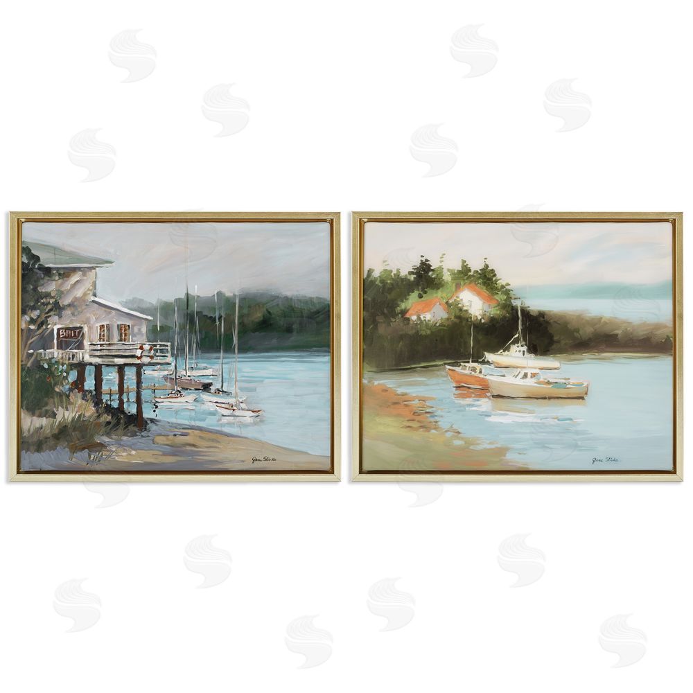 Jane Slivka Boat Lakeshore Landscape Gold Floating Frame Canvas Wall Art Print