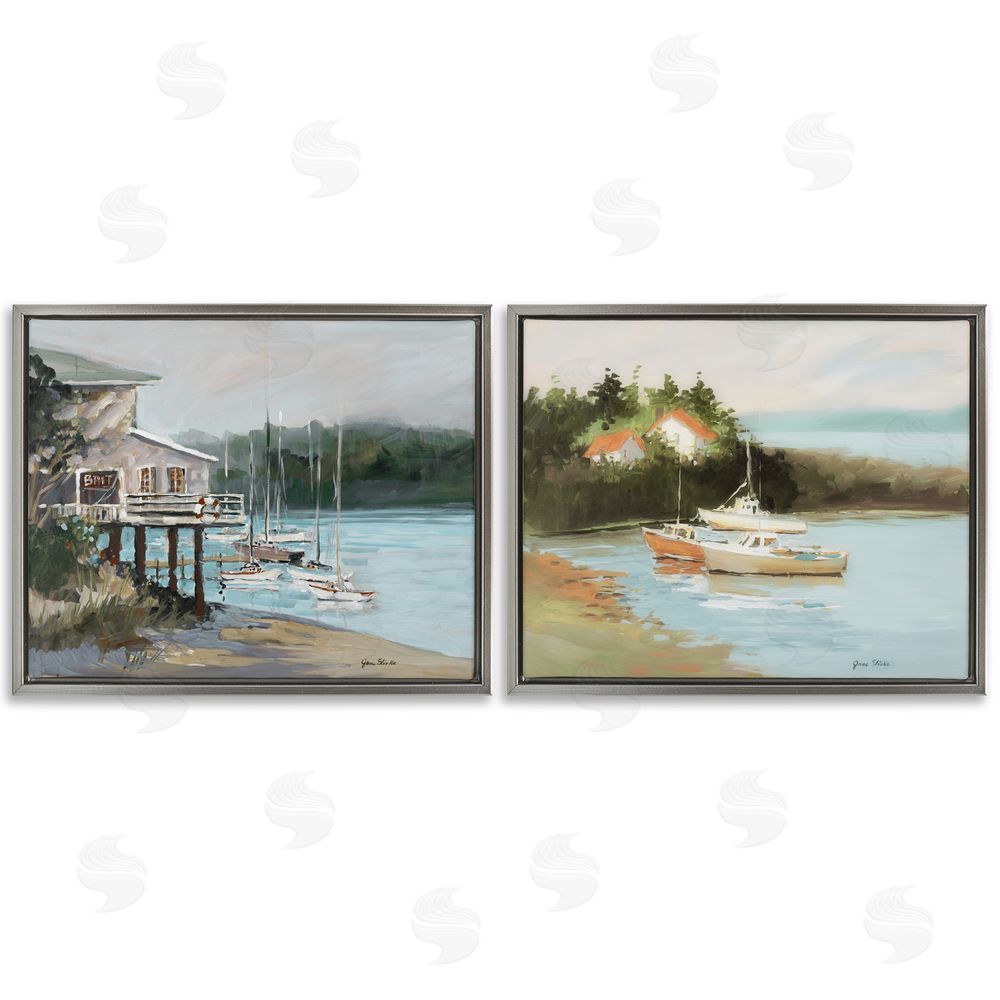 Jane Slivka Boat Lakeshore Landscape Gray Floating Frame Canvas Wall Art Print