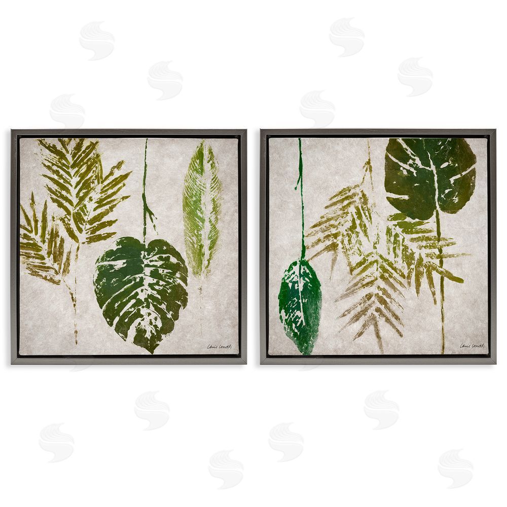 Lanie Loreth Monstera Stamped Palm Leaves  Gray Floating Frame Canvas Wall Art Print