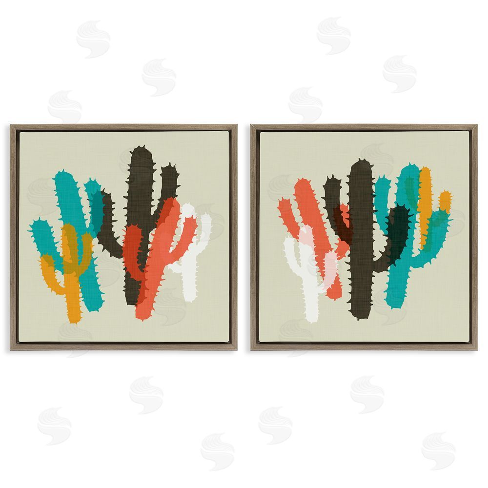 SD Graphics Studio Vibrant Overlapping Cactus   Brown Floating Frame Canvas Wall Art Print