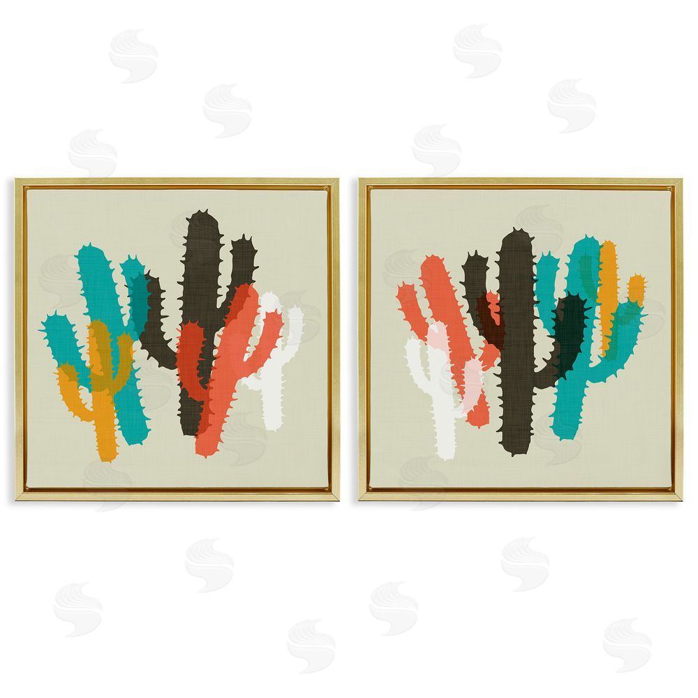 SD Graphics Studio Vibrant Overlapping Cactus   Gold Floating Frame Canvas Wall Art Print