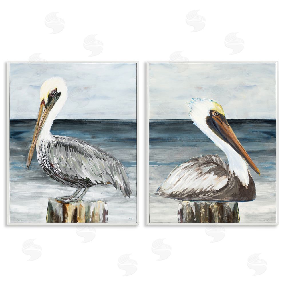 Julie DeRice Beachfront Pelican Log White Framed Giclee Wall Art Print