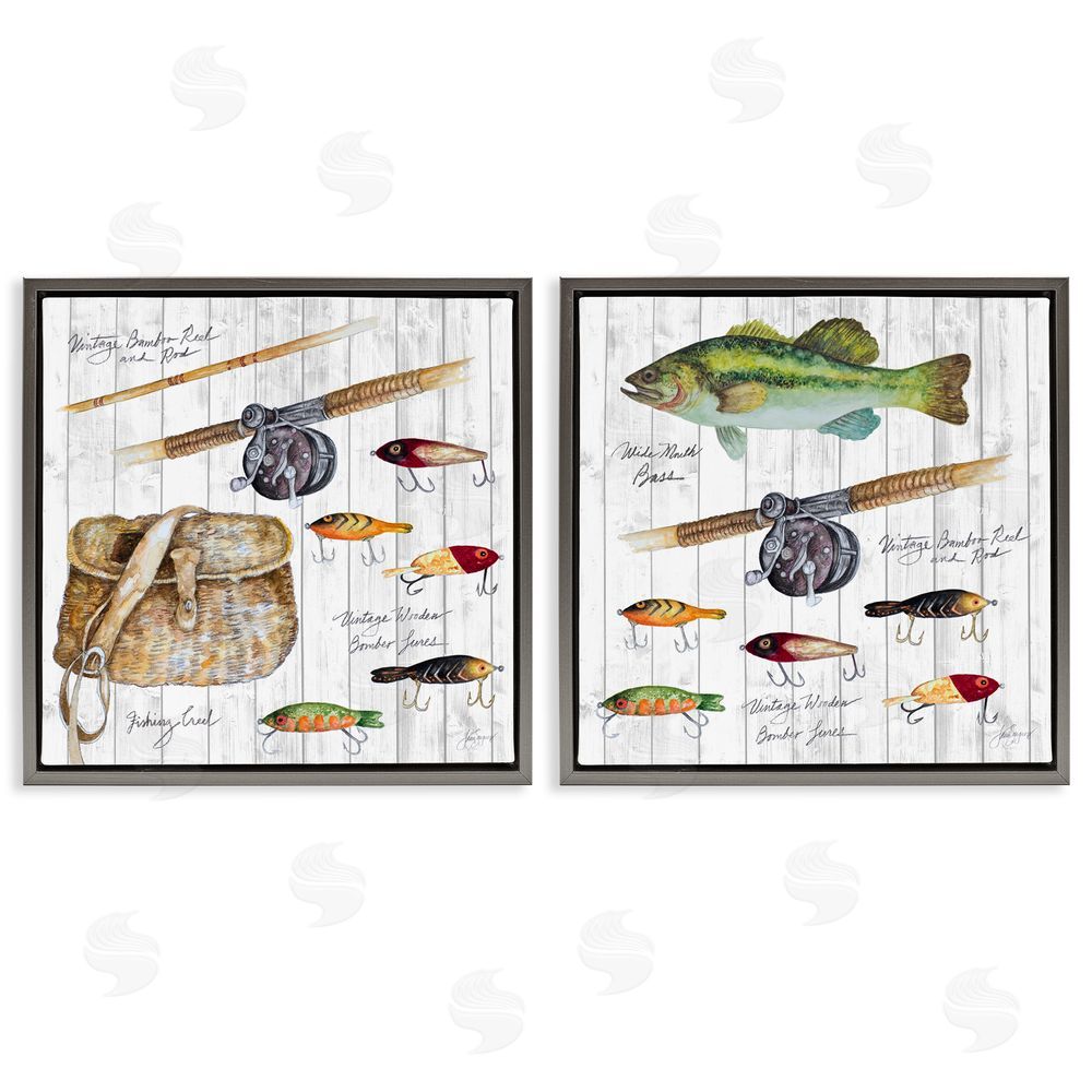 Patricia Pinto Vintage Fishing Gear Gray Floating Frame Canvas Wall Art Print
