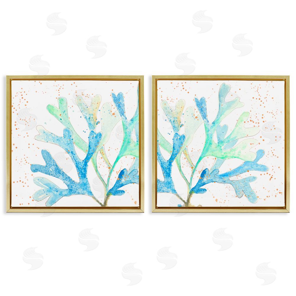 Patricia Pinto Speckled Blue Green Coral  Gold Floating Frame Canvas Wall Art Print