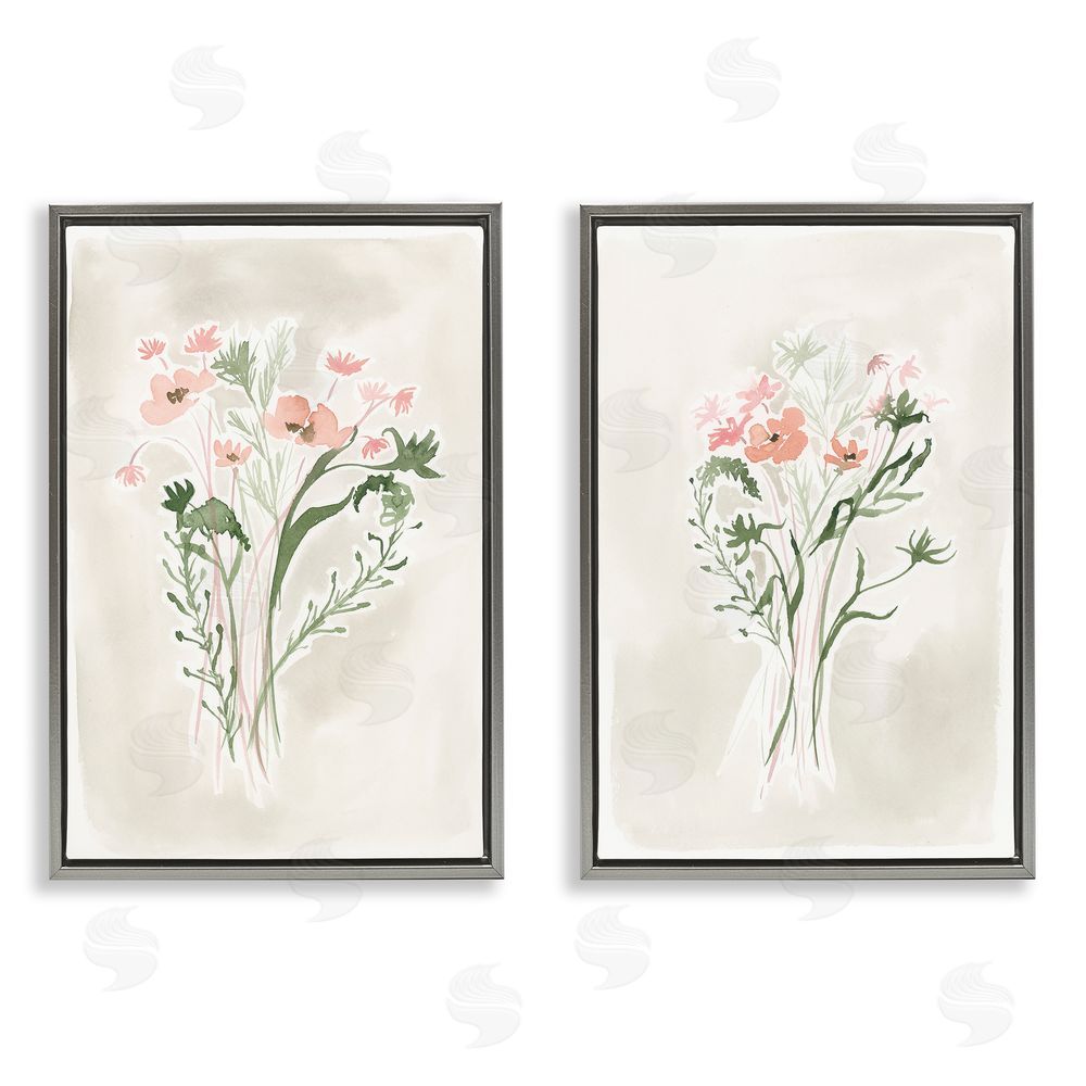 Elizabeth Medley Simple Watercolor Flowers Gray Floating Frame Canvas Wall Art Print