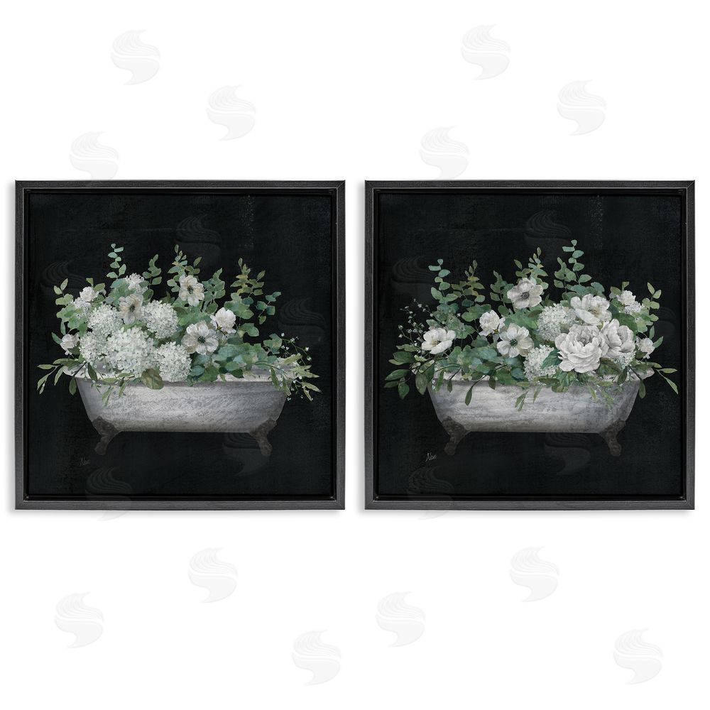 Nan Filled White Floral Soaking Tub Black Floating Frame Canvas Wall Art Print