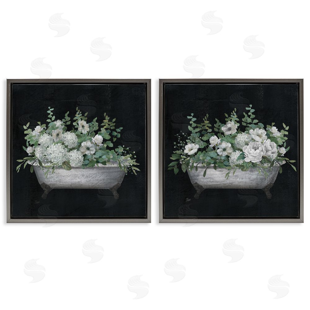 Nan Filled White Floral Soaking Tub Gray Floating Frame Canvas Wall Art Print