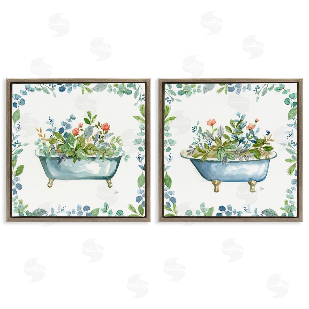 Nan Charming Flower Filled Tub Brown Floating Frame Canvas Wall Art Print