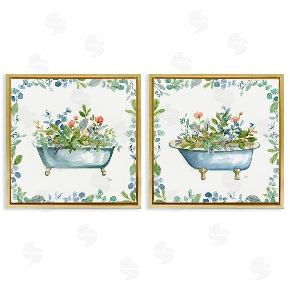 Nan Charming Flower Filled Tub Gold Floating Frame Canvas Wall Art Print