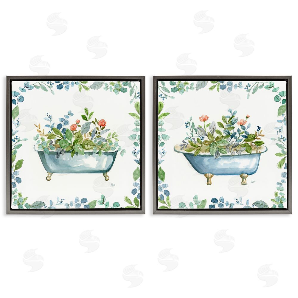 Nan Charming Flower Filled Tub Gray Floating Frame Canvas Wall Art Print