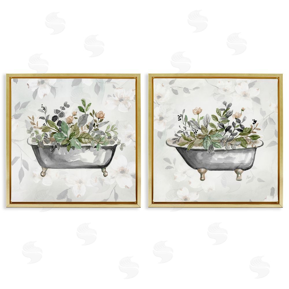 Nan Gray Muted Watercolor Flower Tub Gold Floating Frame Canvas Wall Art Print