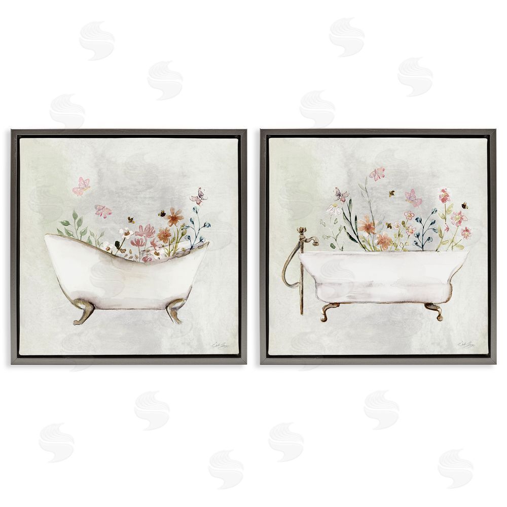 Stella Chang Clawfoot Flower Garden Bees Gray Floating Frame Canvas Wall Art Print