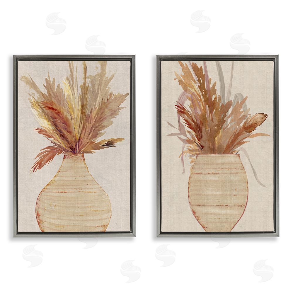 Susan Jill Potted Feather Pampas  Gray Floating Frame Canvas Wall Art Print