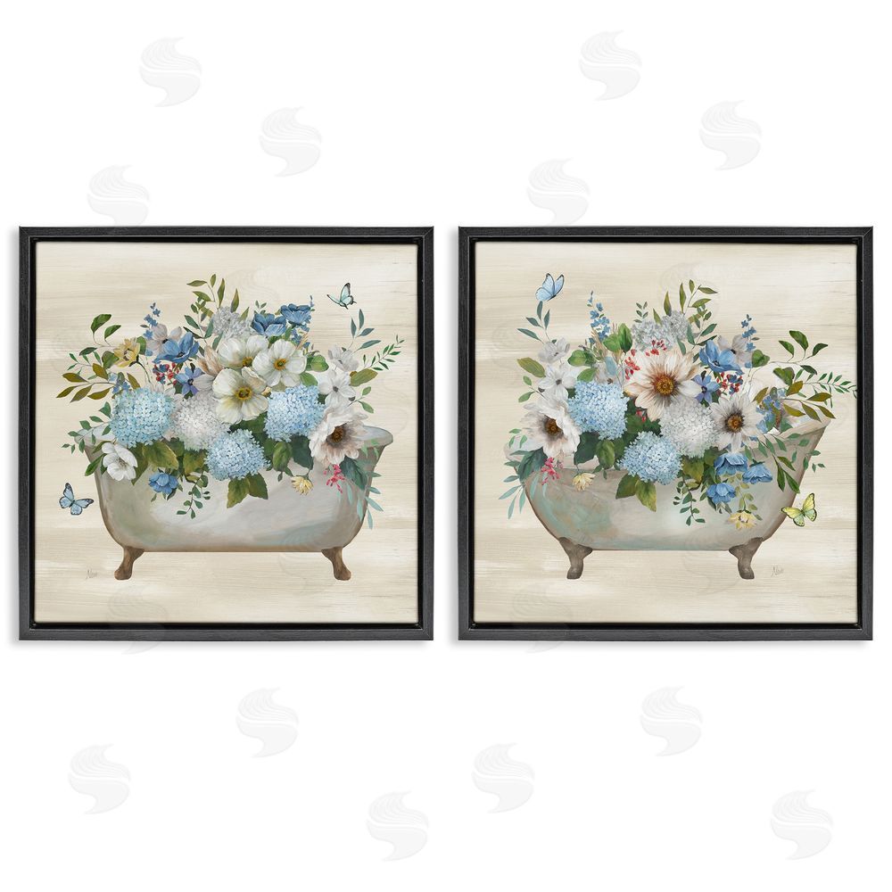 Nan Butterfly Hydrangea Bathtub Black Floating Frame Canvas Wall Art Print