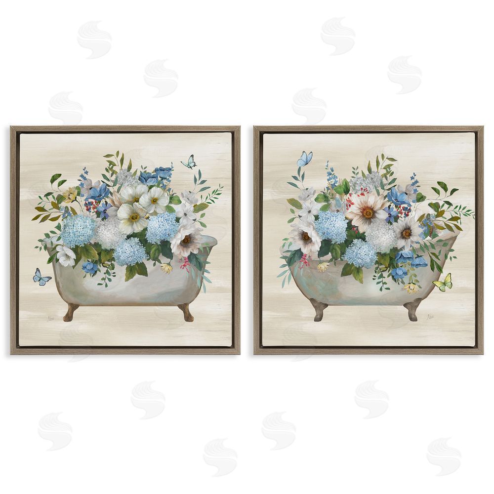 Nan Butterfly Hydrangea Bathtub Brown Floating Frame Canvas Wall Art Print
