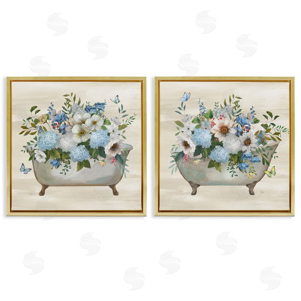 Nan Butterfly Hydrangea Bathtub Gold Floating Frame Canvas Wall Art Print