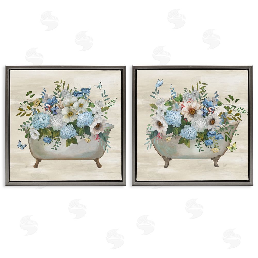 Nan Butterfly Hydrangea Bathtub Gray Floating Frame Canvas Wall Art Print