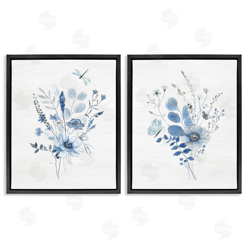 Janet Tava Blue Dragonfly Flower  Black Floating Frame Canvas Wall Art Print