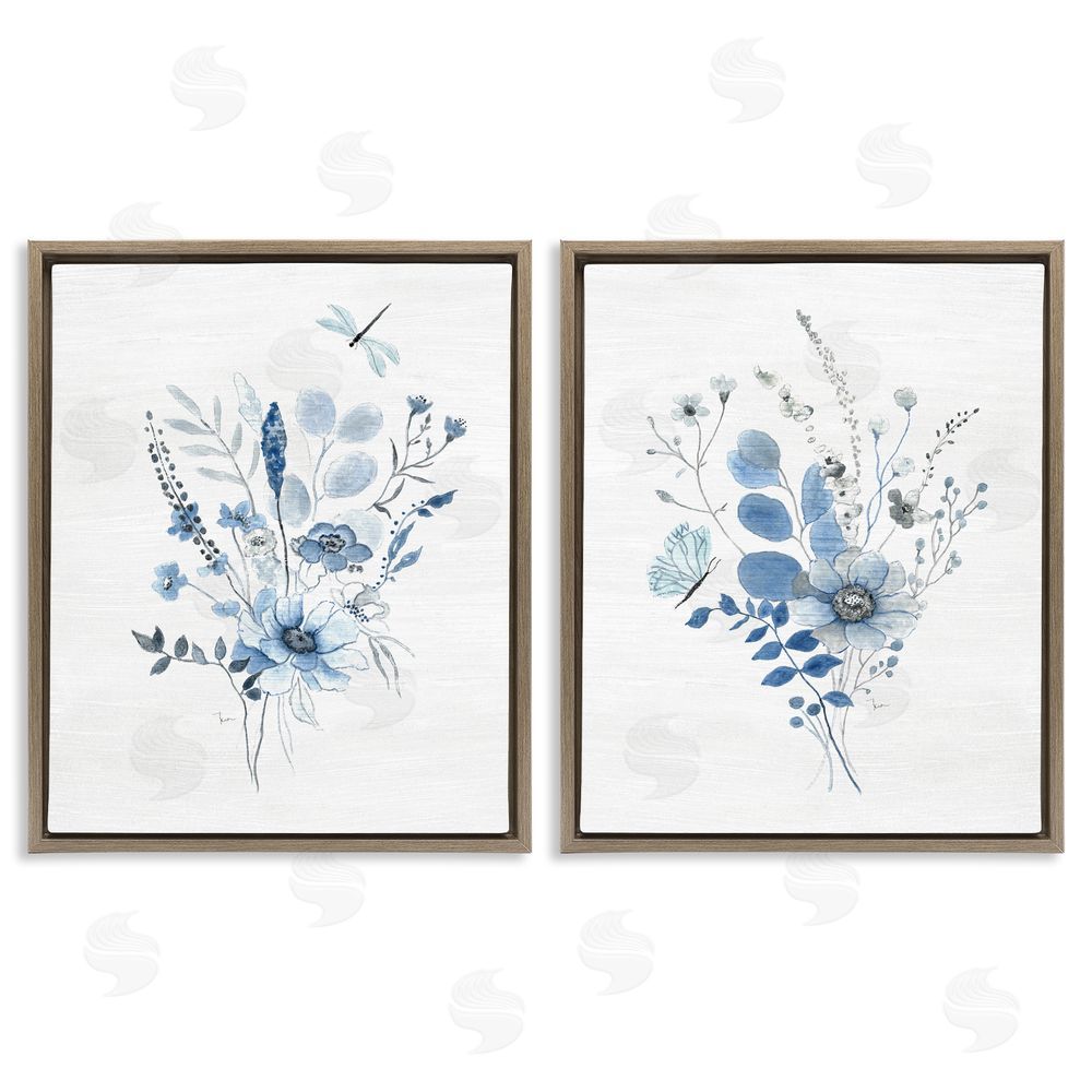 Janet Tava Blue Dragonfly Flower  Brown Floating Frame Canvas Wall Art Print