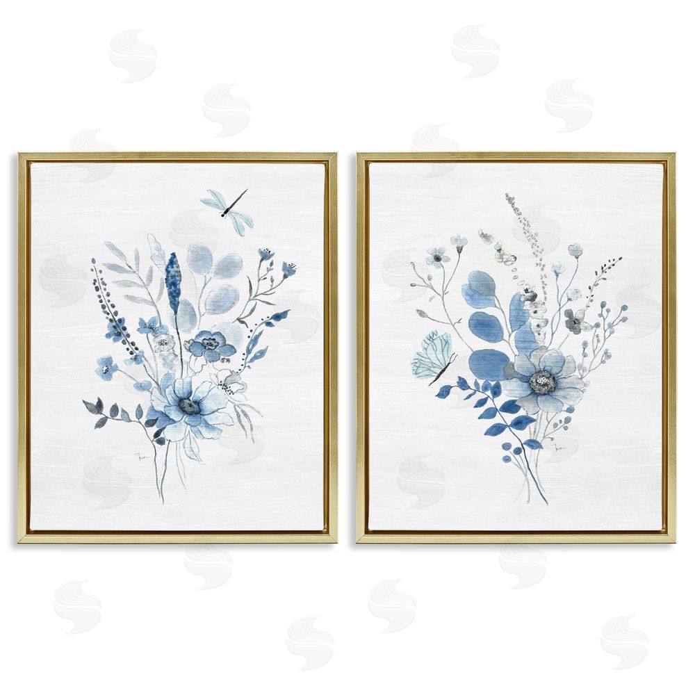 Janet Tava Blue Dragonfly Flower  Gold Floating Frame Canvas Wall Art Print