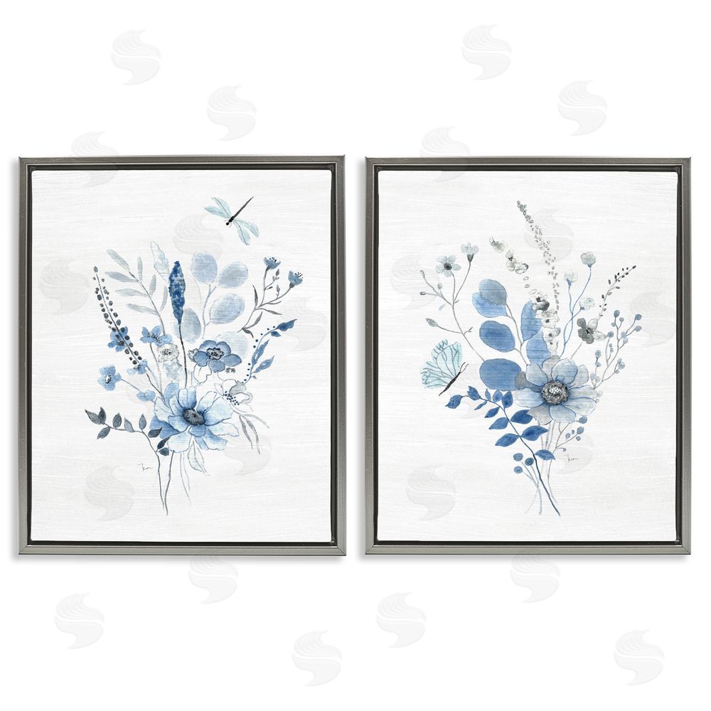 Janet Tava Blue Dragonfly Flower  Gray Floating Frame Canvas Wall Art Print