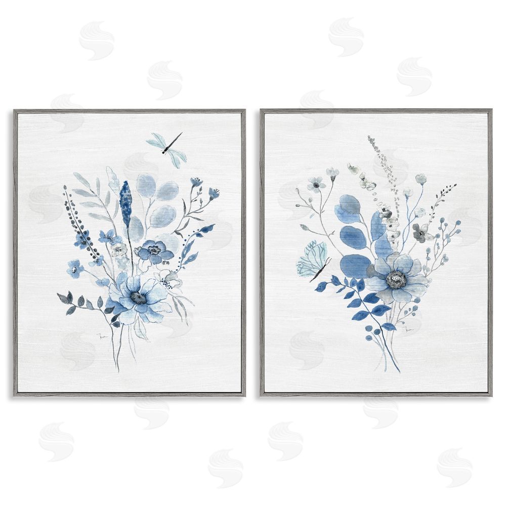 Janet Tava Blue Dragonfly Flower  Gray Framed Giclee Wall Art Print