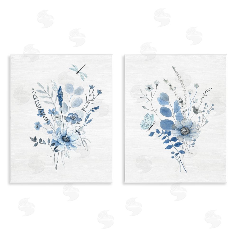 Janet Tava Blue Dragonfly Flower  Wooden Wall Plaque Art Print
