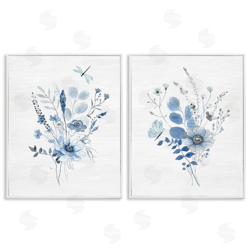 Janet Tava Blue Dragonfly Flower  White Framed Giclee Wall Art Print