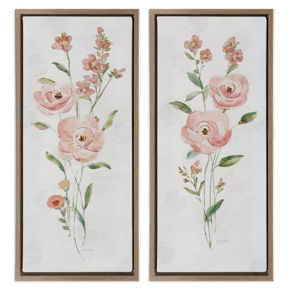 Sally Swatland Simple Pink Watercolor Flowers Brown Floating Frame Canvas Wall Art Print