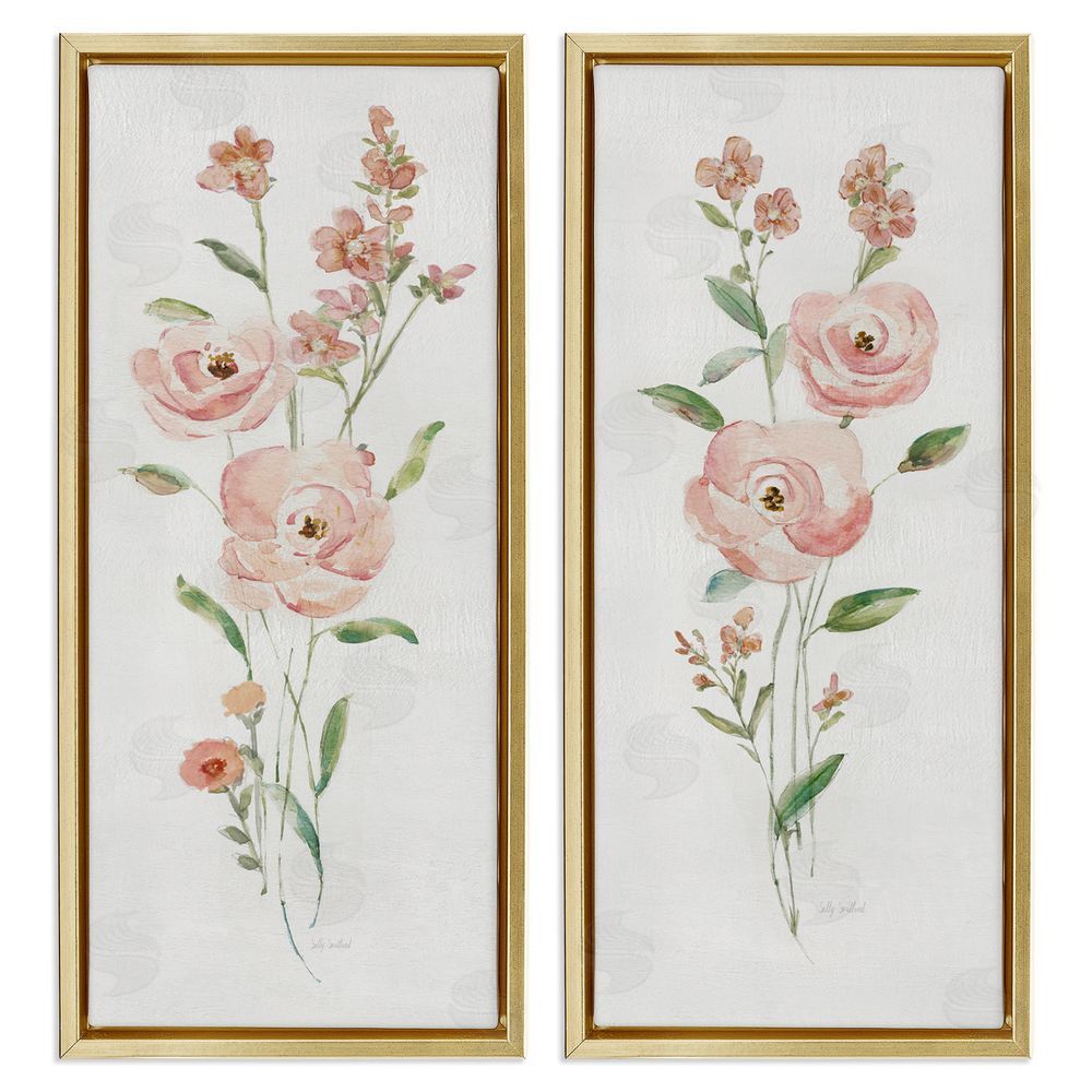 Sally Swatland Simple Pink Watercolor Flowers Gold Floating Frame Canvas Wall Art Print