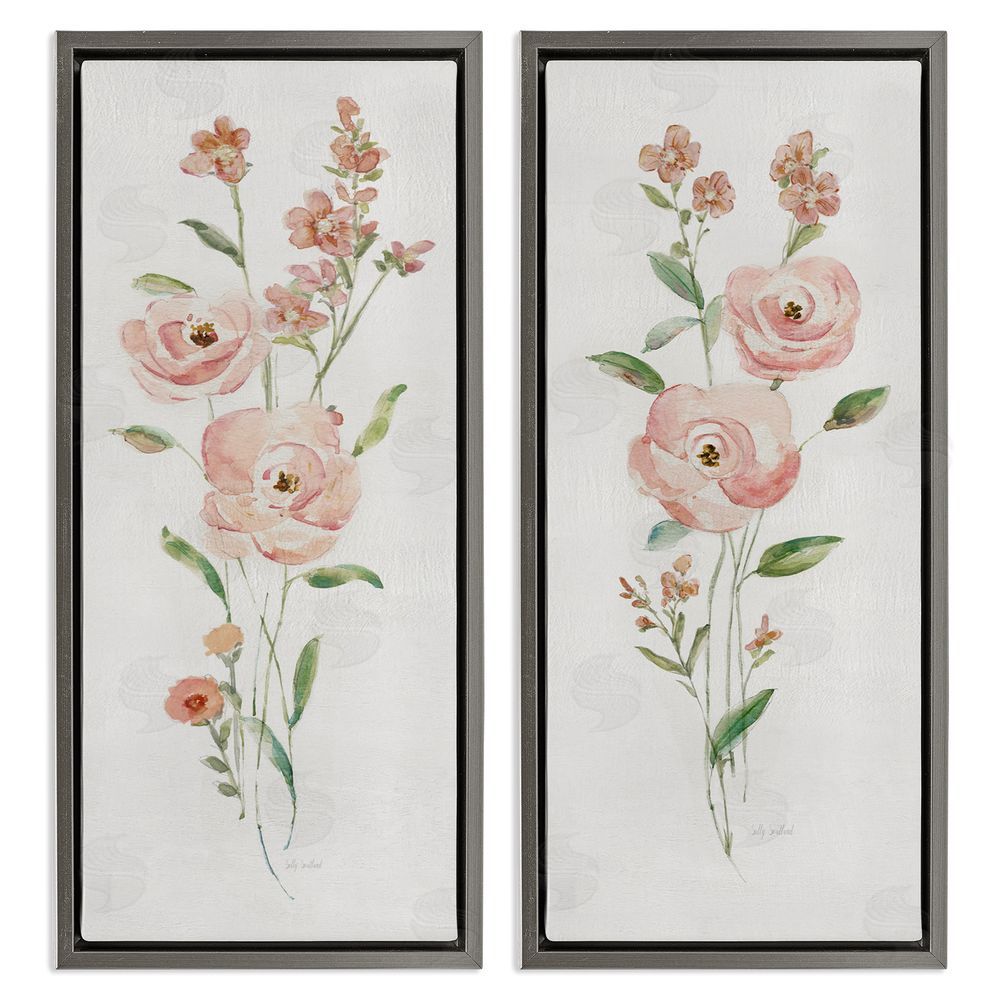 Sally Swatland Simple Pink Watercolor Flowers Gray Floating Frame Canvas Wall Art Print