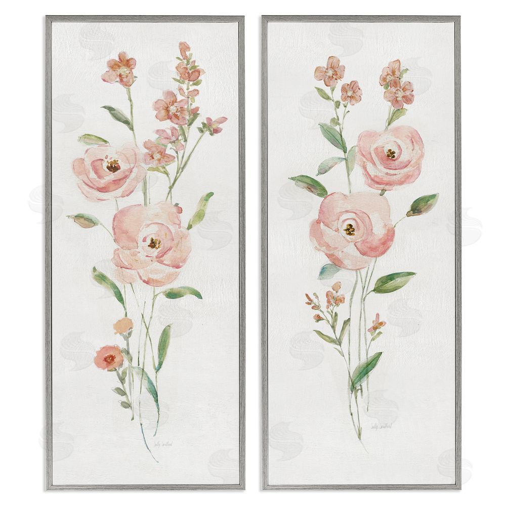Sally Swatland Simple Pink Watercolor Flowers Gray Framed Giclee Wall Art Print