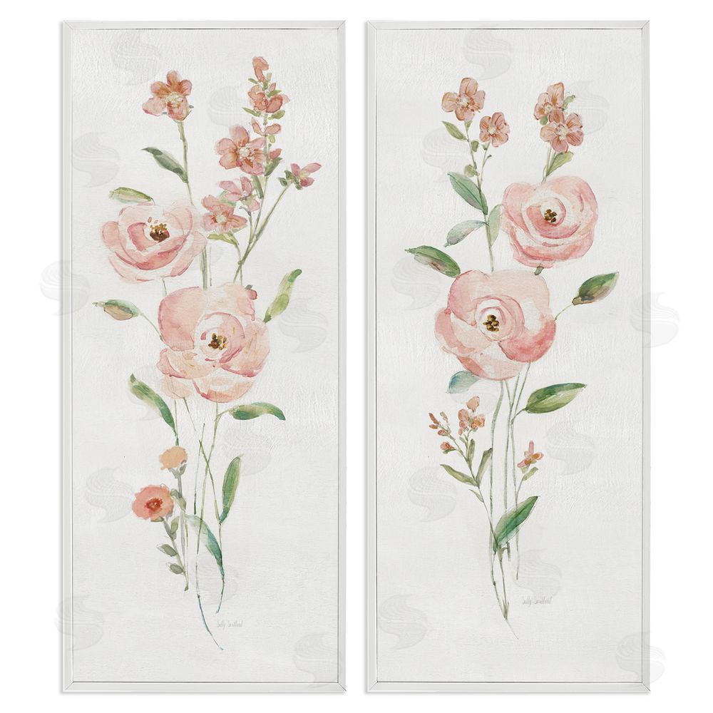 Sally Swatland Simple Pink Watercolor Flowers White Framed Giclee Wall Art Print