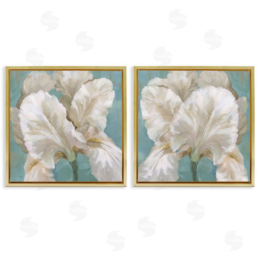 Nan White Iris Flower Gold Floating Frame Canvas Wall Art Print
