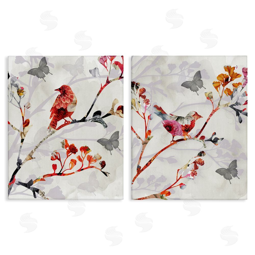 Susan Jill Flower Birds on Branch Canvas Wall Art Print