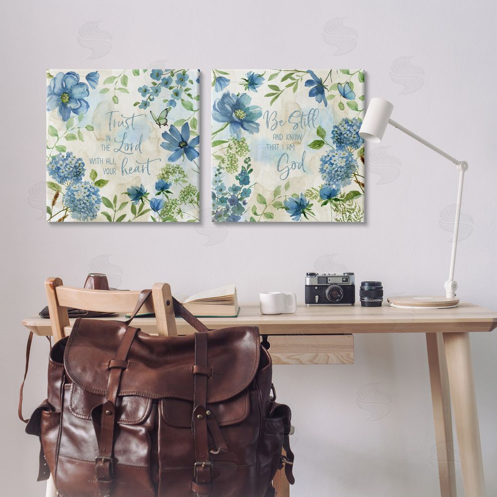 Nan Trust Be Still Blue Hydrangea Canvas Wall Art Print in Room