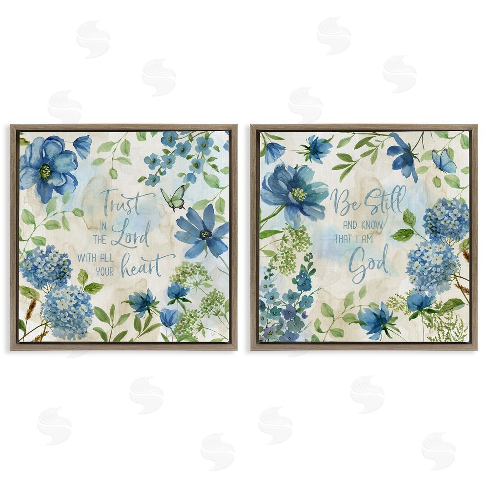 Nan Trust Be Still Blue Hydrangea Brown Floating Frame Canvas Wall Art Print