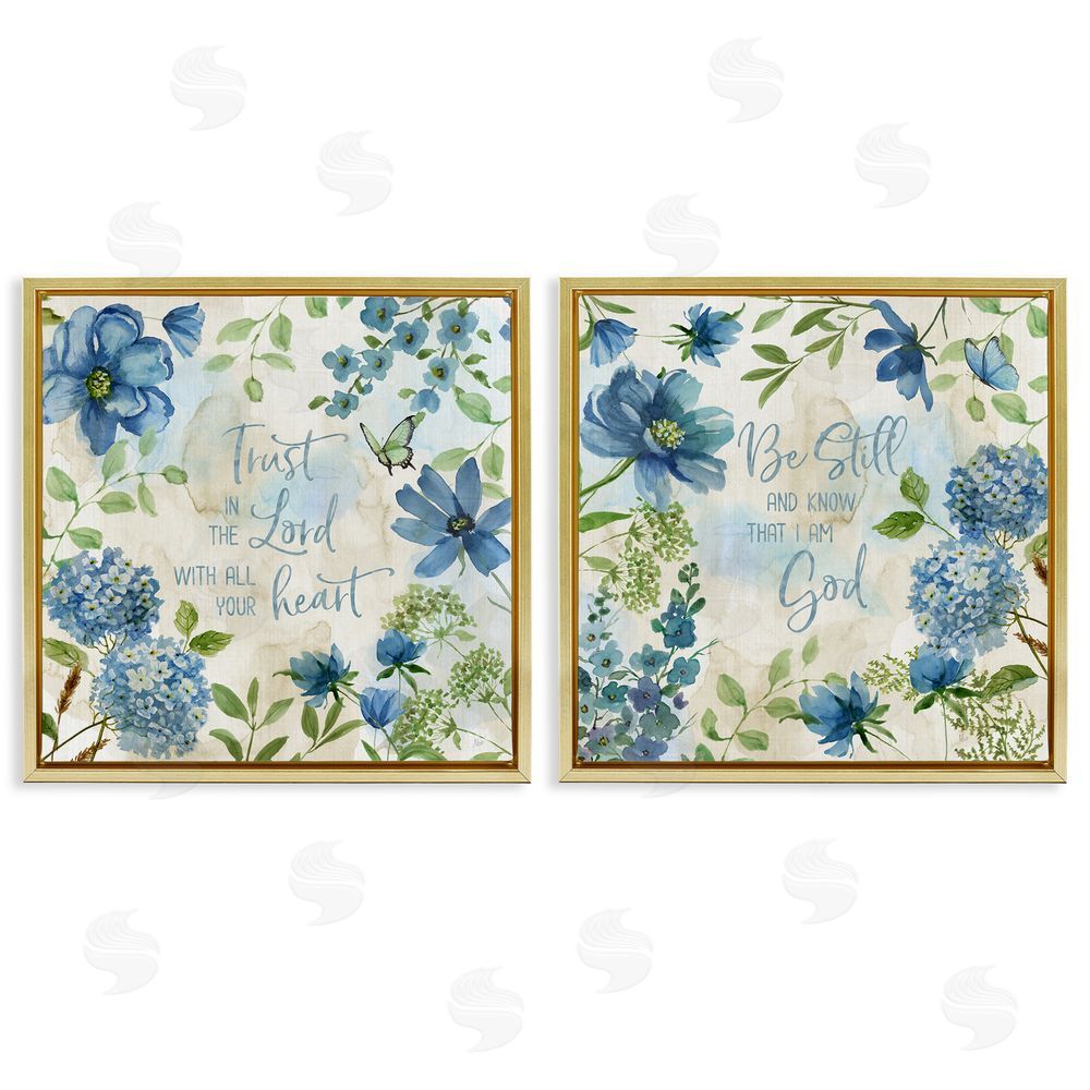 Nan Trust Be Still Blue Hydrangea Gold Floating Frame Canvas Wall Art Print