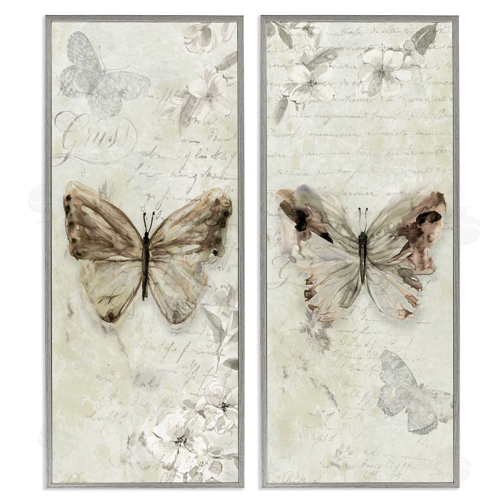 Carol Robinson Vintage Butterfly Scrapbook Page Gray Framed Giclee Wall Art Print