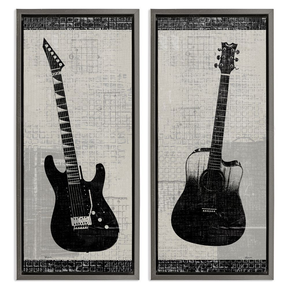 Katrina Craven Electric Acoustic Guitar Gray Floating Frame Canvas Wall Art Print