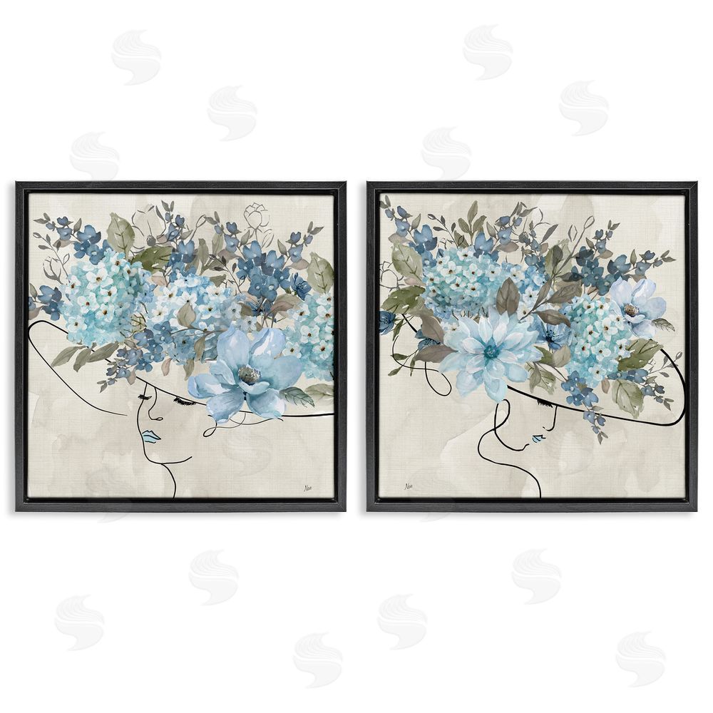Nan Female Figure Floral Hat Black Floating Frame Canvas Wall Art Print
