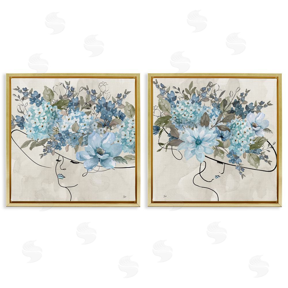 Nan Female Figure Floral Hat Gold Floating Frame Canvas Wall Art Print