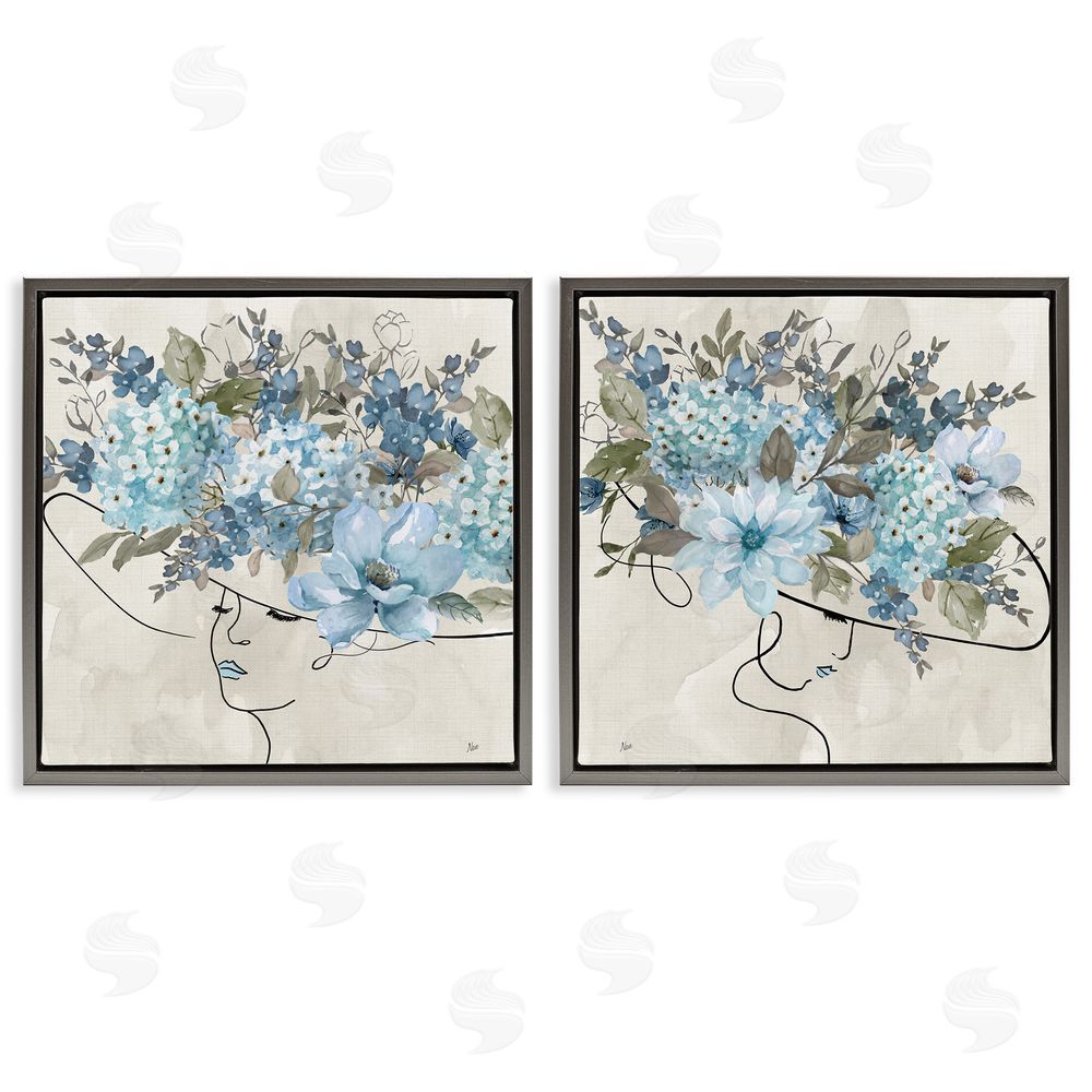 Nan Female Figure Floral Hat Gray Floating Frame Canvas Wall Art Print