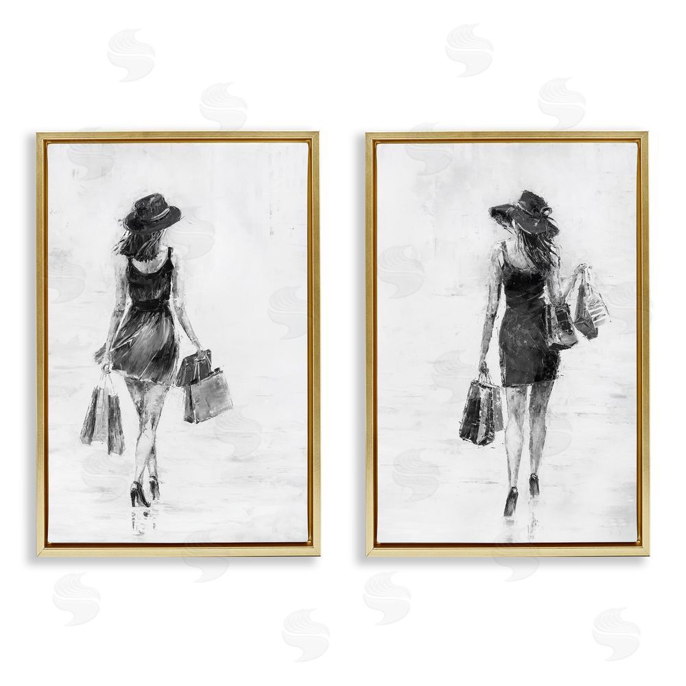 Joklanta Kowalik Female Figures Shopping Bags Gold Floating Frame Canvas Wall Art Print